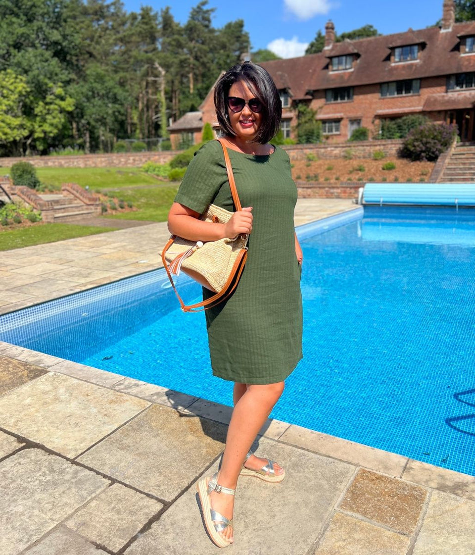 Khaki Self Stripe Linen Blend Dress-Seconds