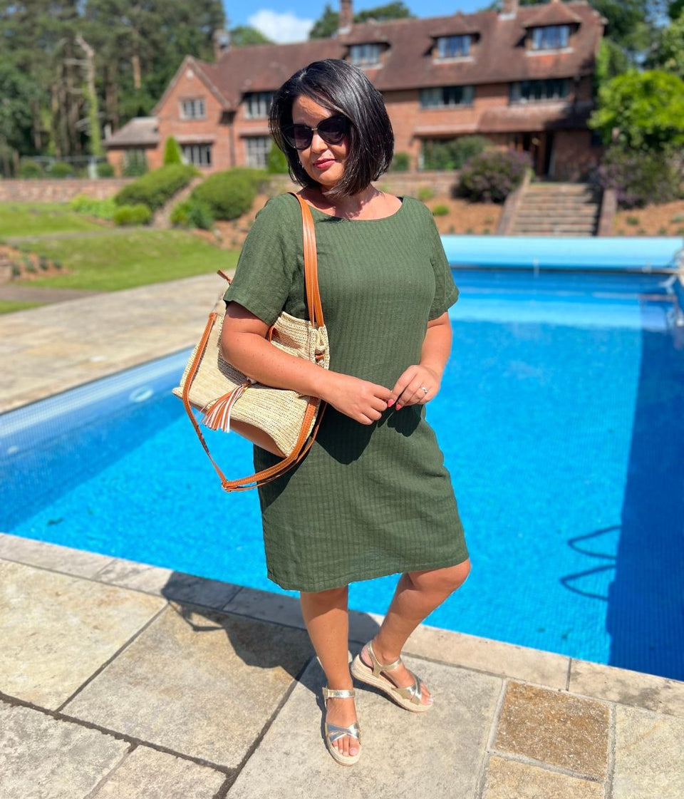 Khaki Self Stripe Linen Blend Dress-Seconds