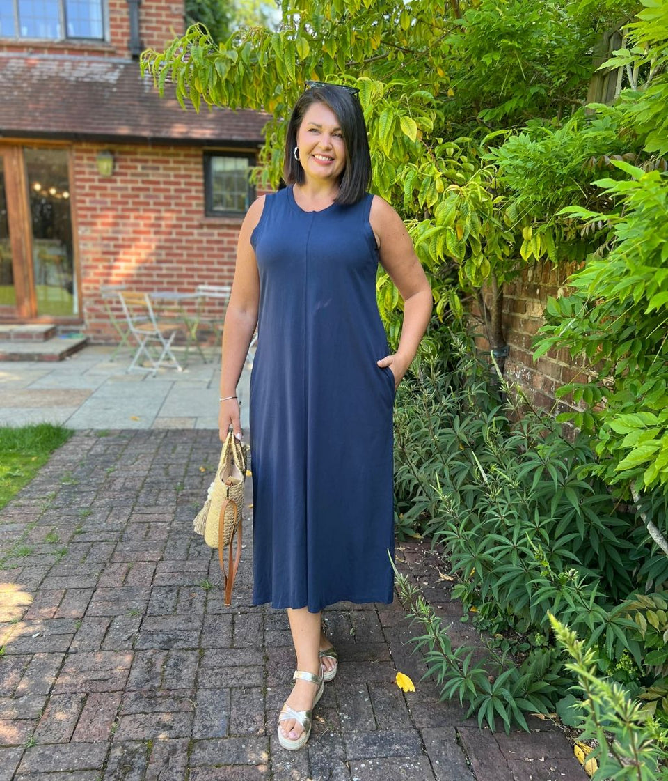 Navy Column Cotton Midi Dress