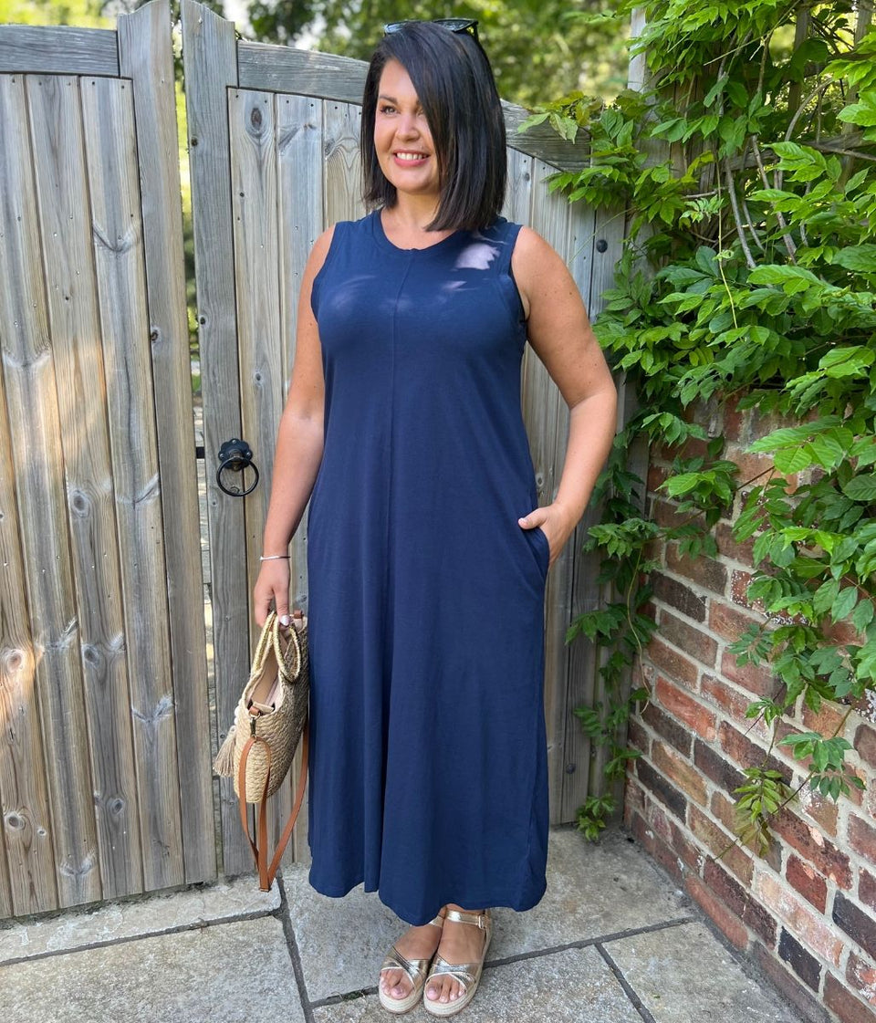 Navy Column Cotton Midi Dress