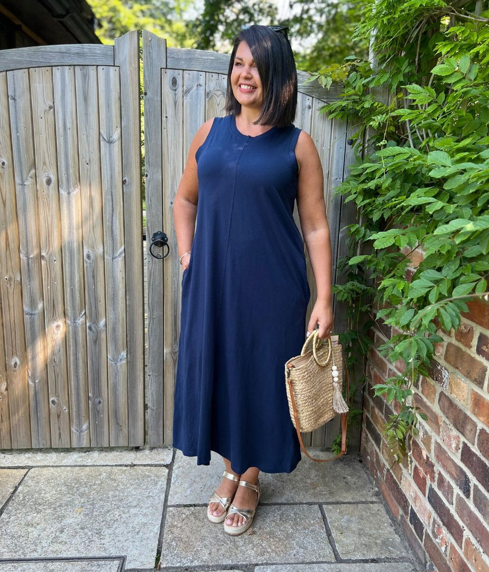 Navy Column Cotton Midi Dress
