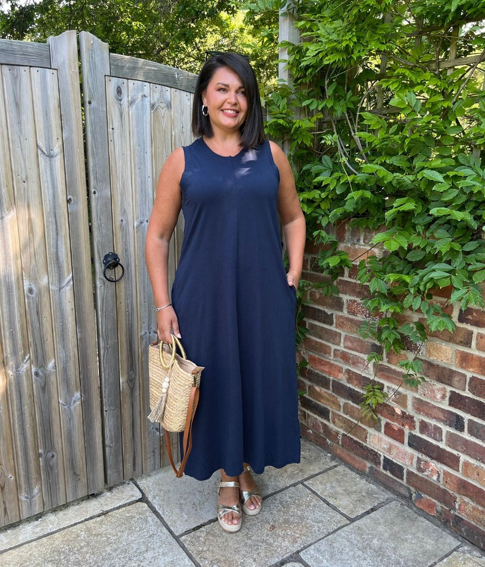 Navy Column Cotton Midi Dress
