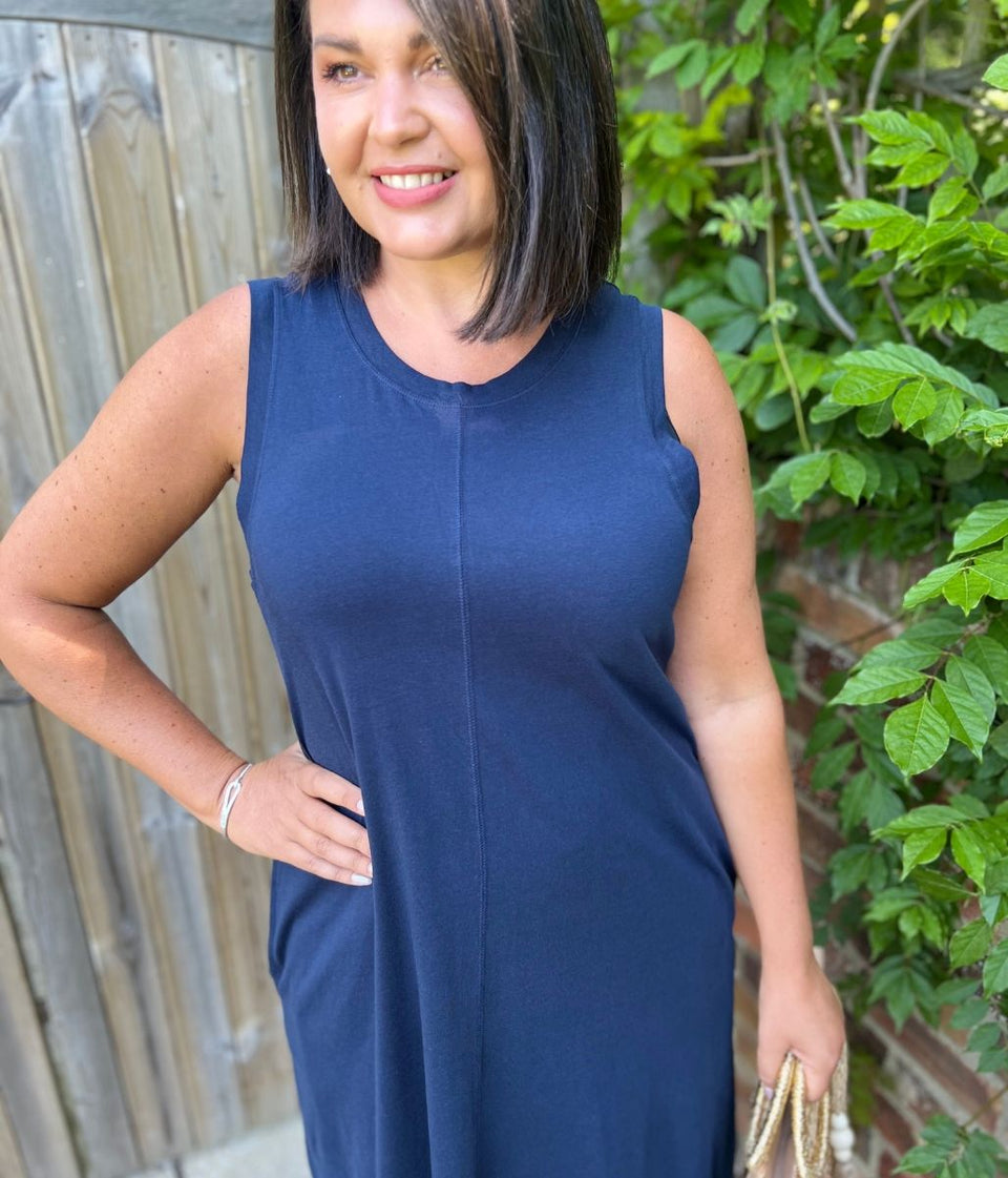 Navy Column Cotton Midi Dress