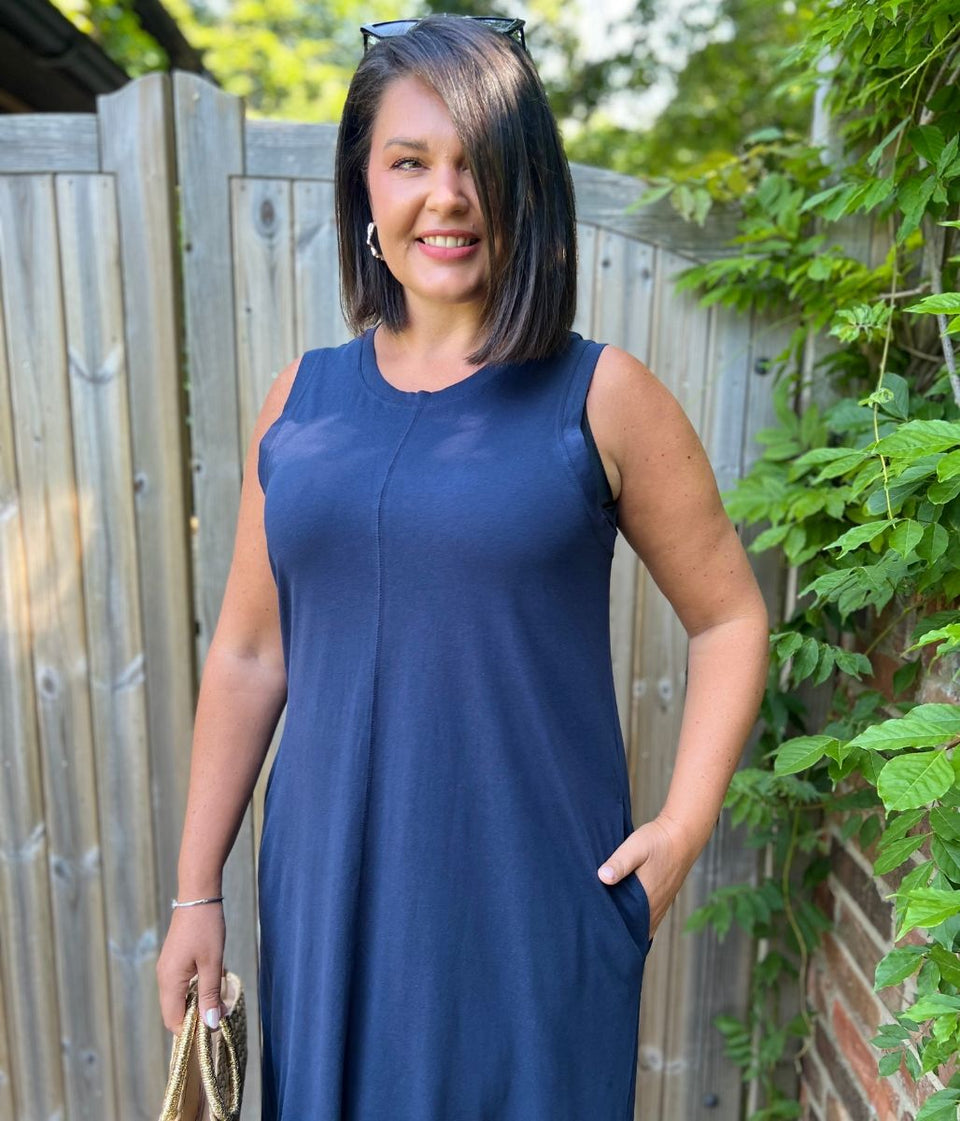 Navy Column Cotton Midi Dress