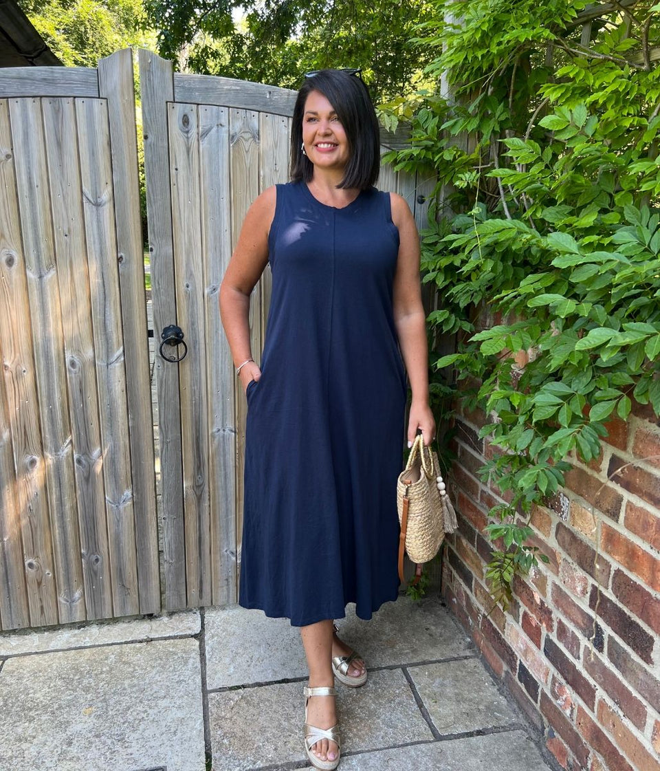 Navy Column Cotton Midi Dress