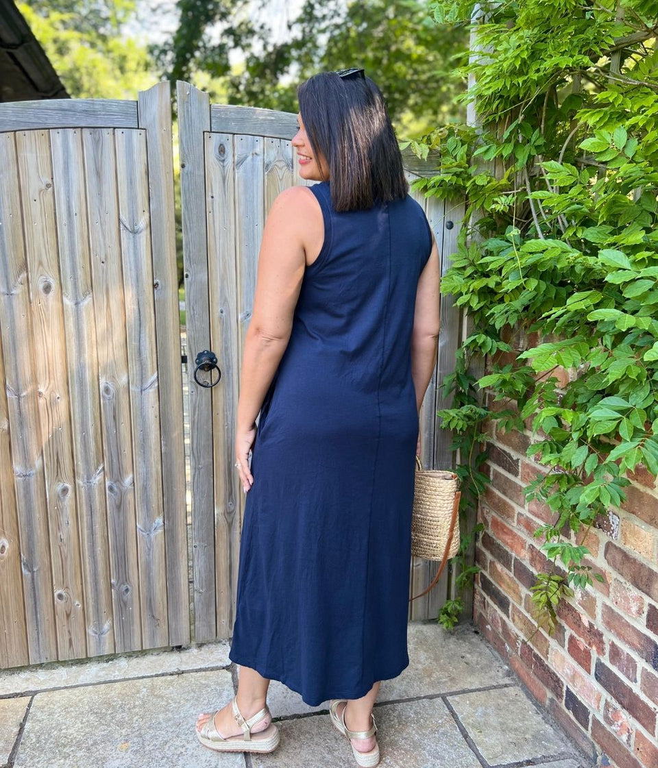 Navy Column Cotton Midi Dress