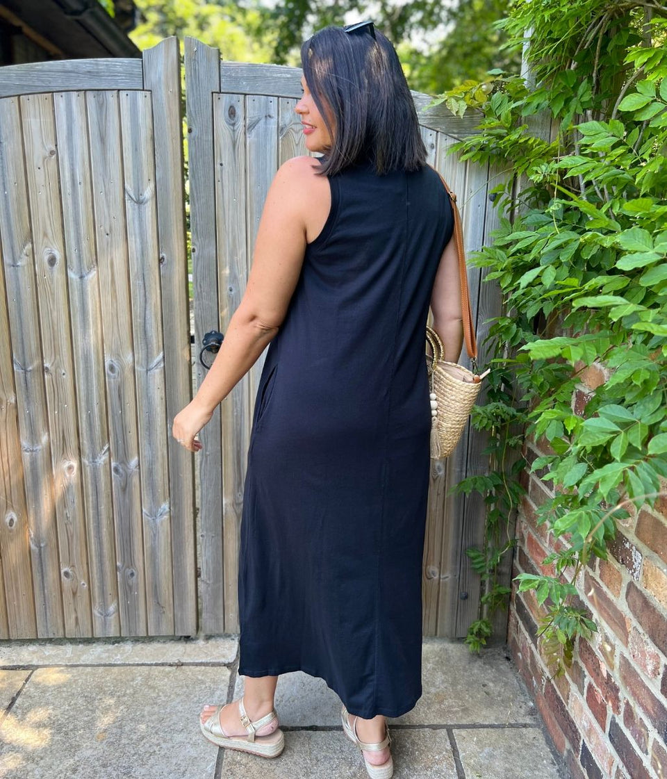 Black Column Cotton Midi Dress