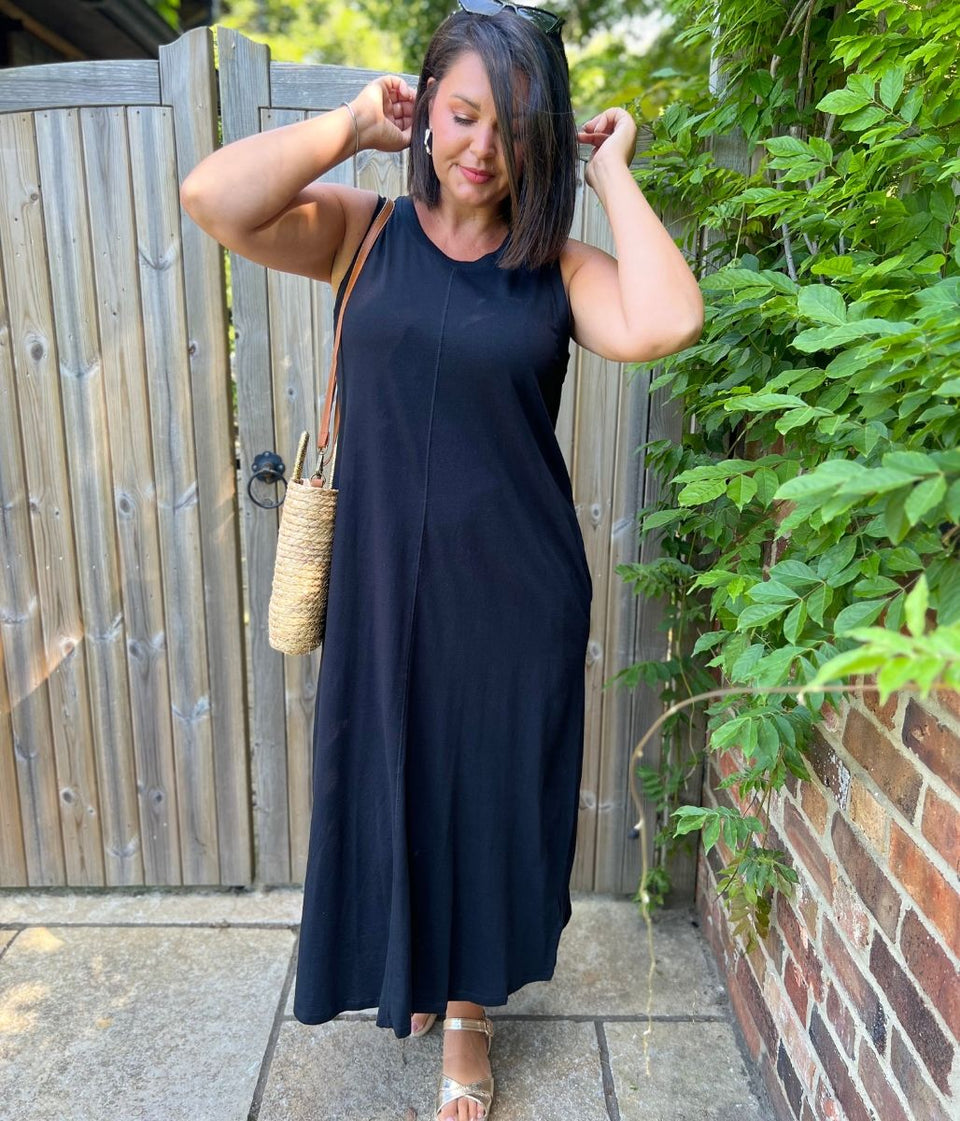 Black Column Cotton Midi Dress