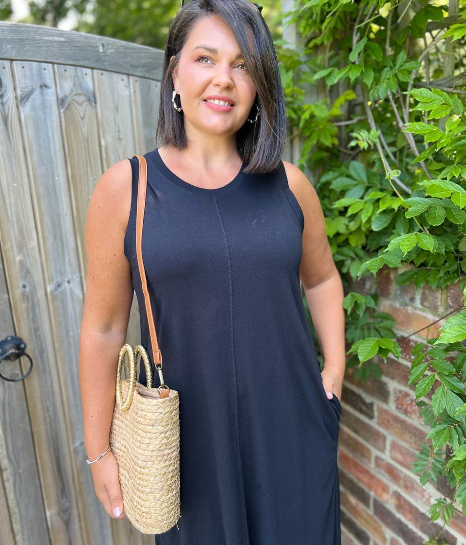 Black Column Cotton Midi Dress