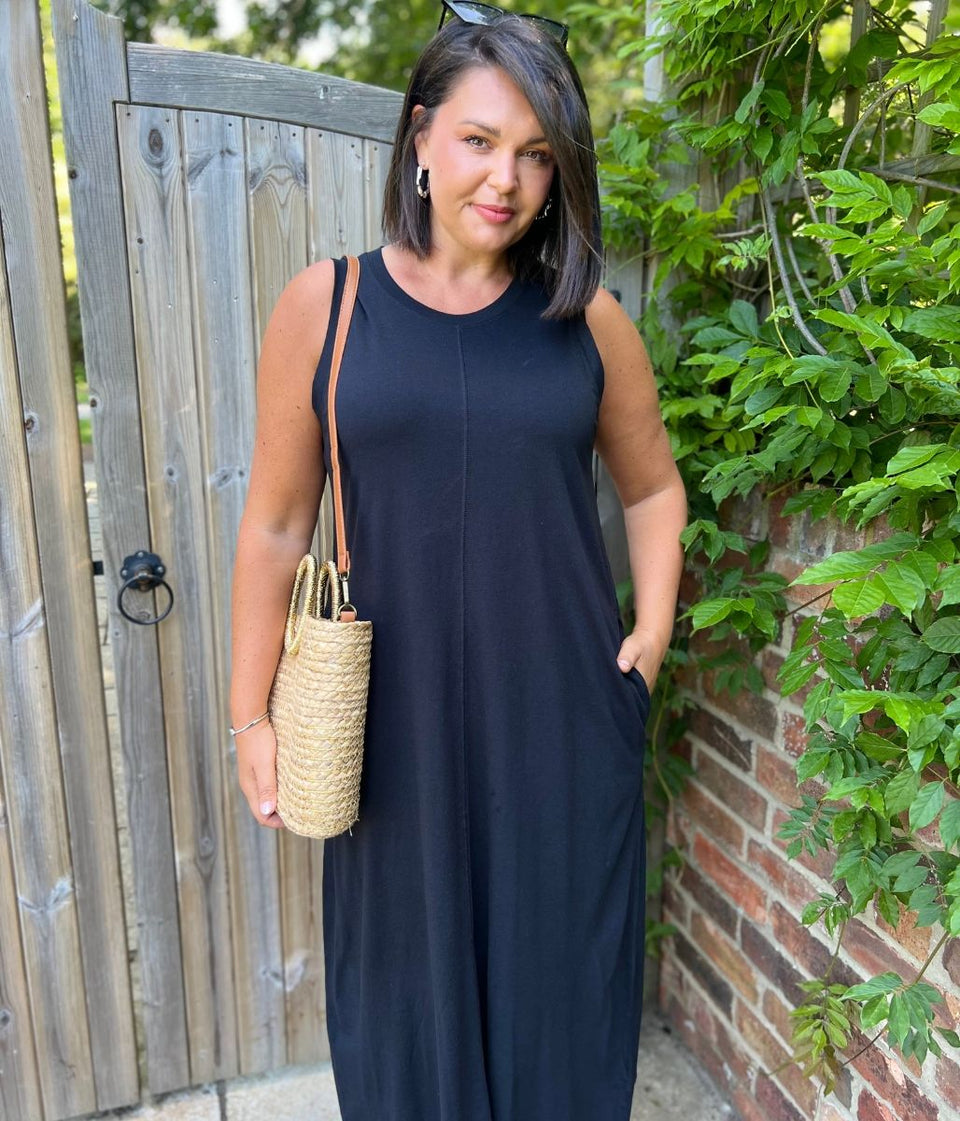 Black Column Cotton Midi Dress