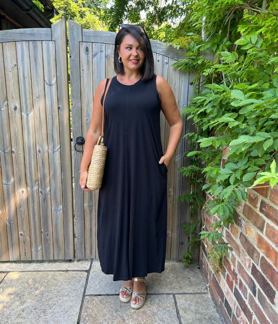 Black Column Cotton Midi Dress