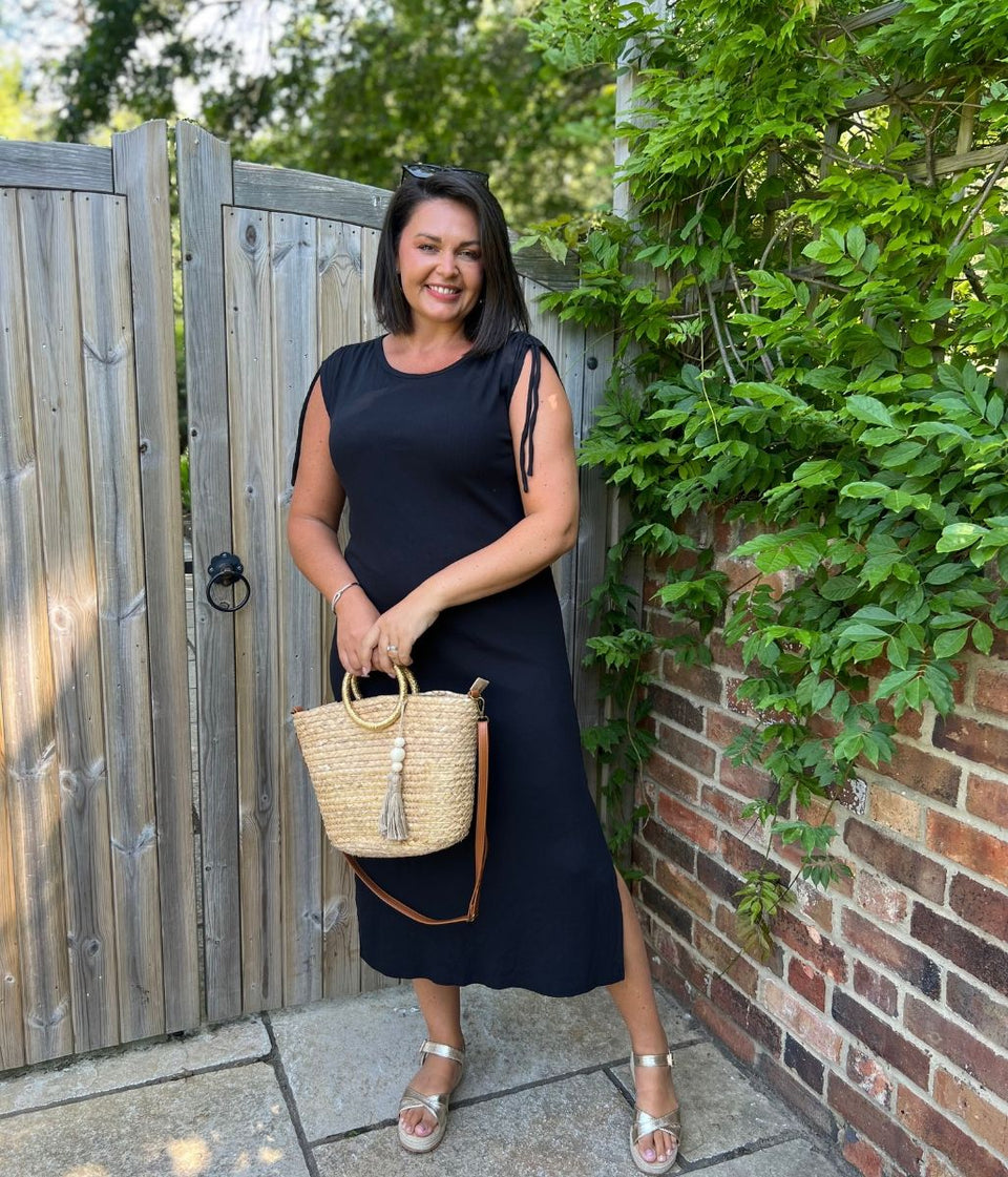 Black Ribbed Tie Shoulder Midi Dress