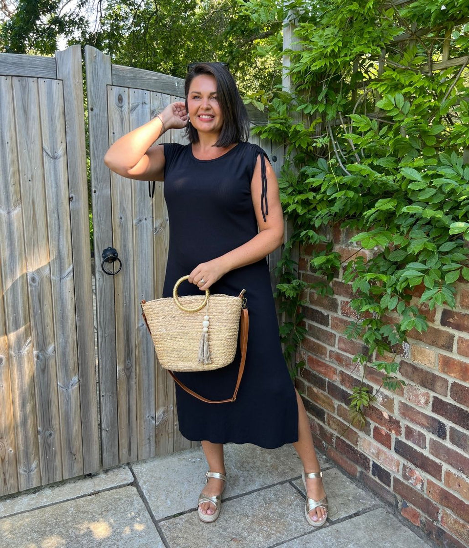 Black Ribbed Tie Shoulder Midi Dress