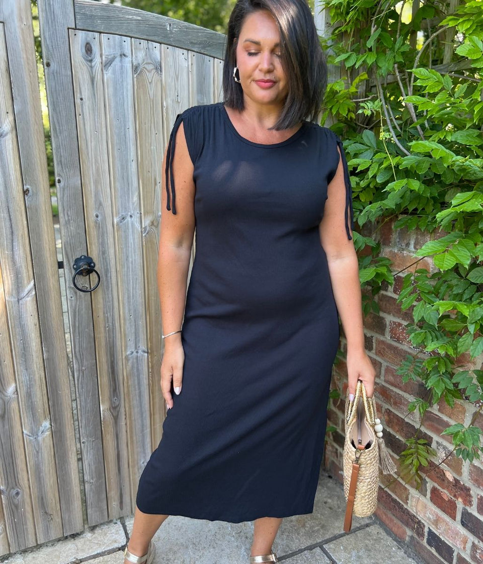 Black Ribbed Tie Shoulder Midi Dress