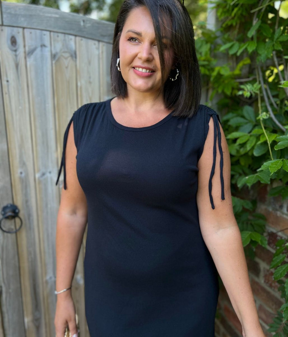Black Ribbed Tie Shoulder Midi Dress