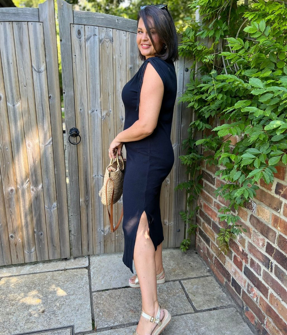 Black Ribbed Tie Shoulder Midi Dress