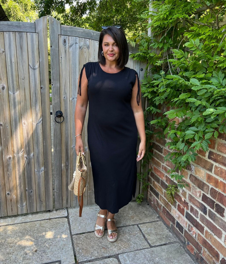 Black Ribbed Tie Shoulder Midi Dress