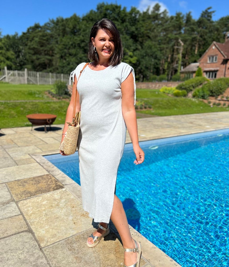Grey Ribbed Tie Shoulder Midi Dress