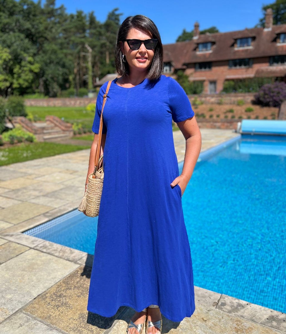 Blue Cotton Midaxi T Shirt Dress