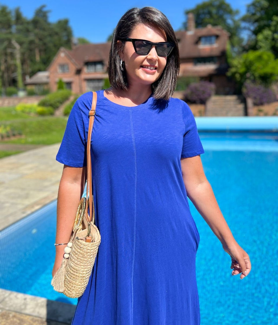Blue Cotton Midaxi T Shirt Dress