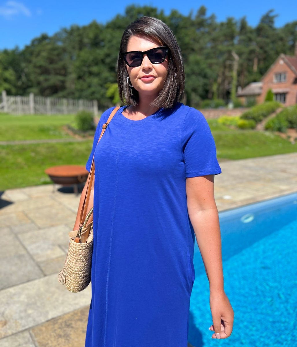 Blue Cotton Midaxi T Shirt Dress