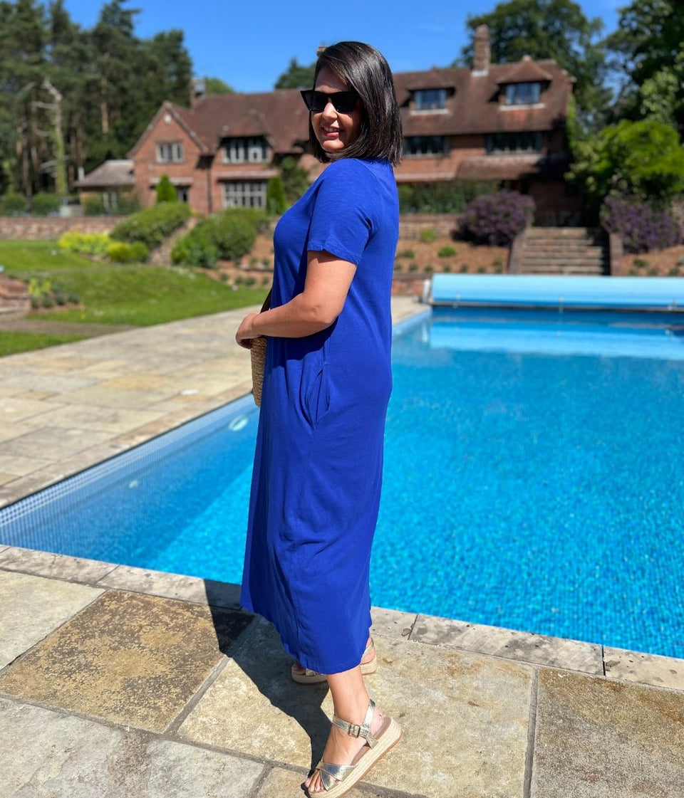 Blue Cotton Midaxi T Shirt Dress