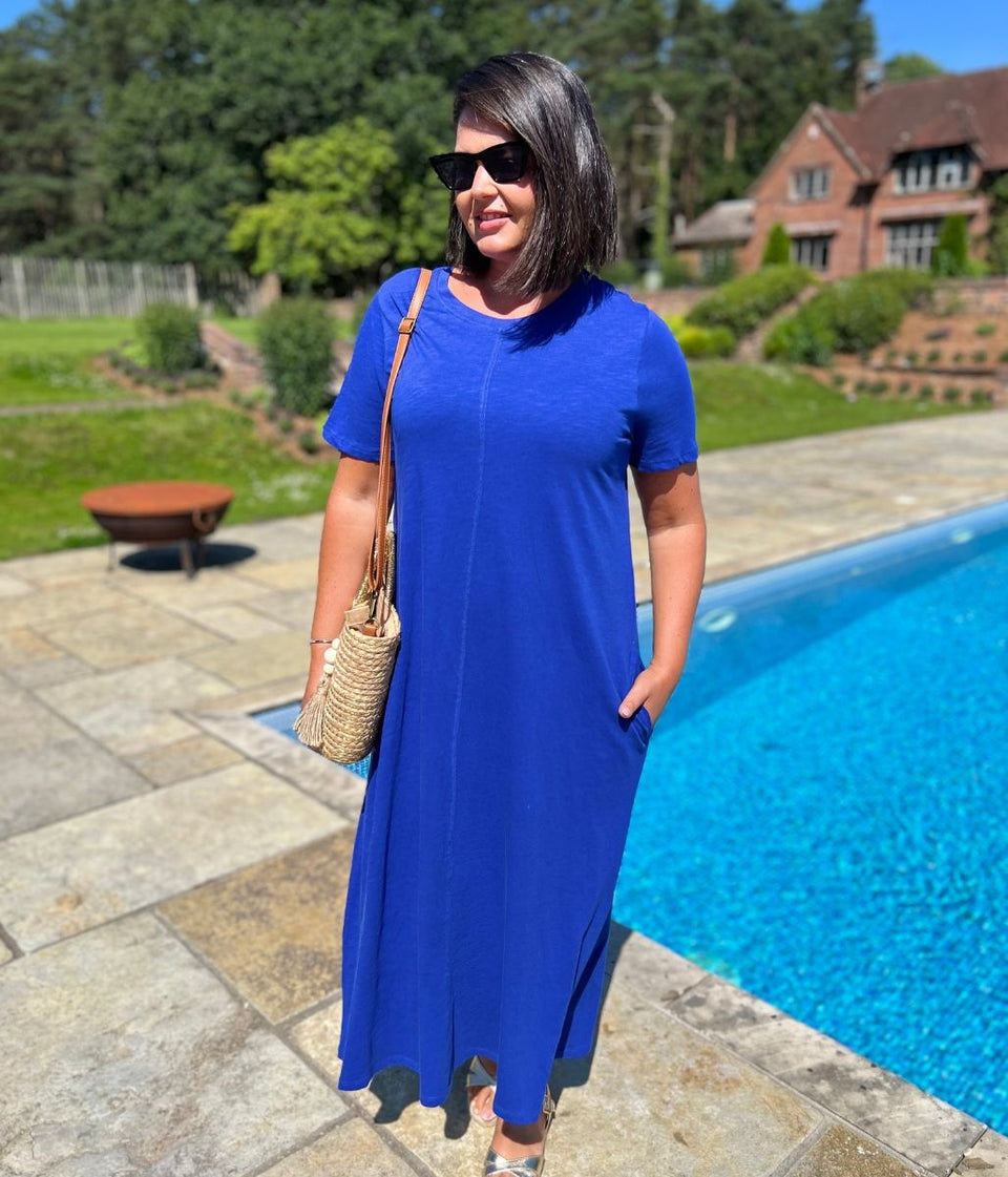 Blue Cotton Midaxi T Shirt Dress