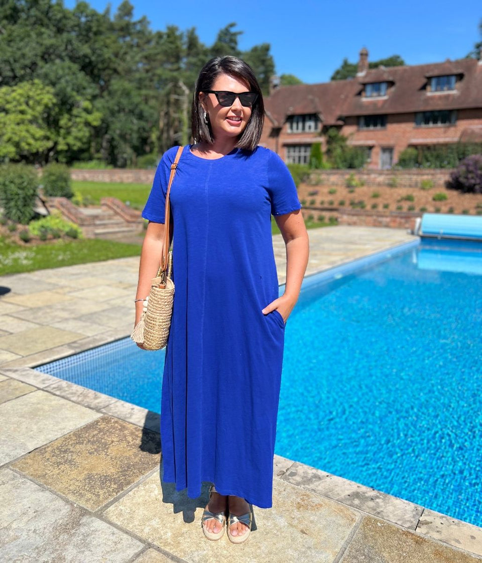 Blue Cotton Midaxi T Shirt Dress