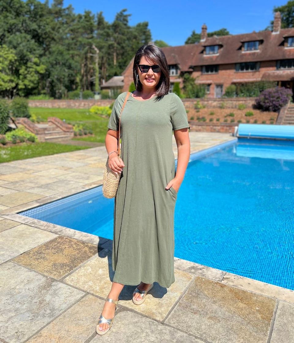 Khaki Cotton Midaxi T Shirt Dress