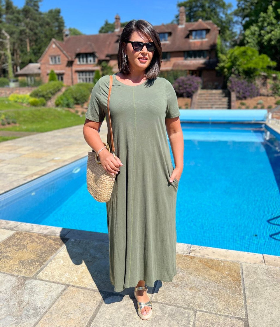 Khaki Cotton Midaxi T Shirt Dress