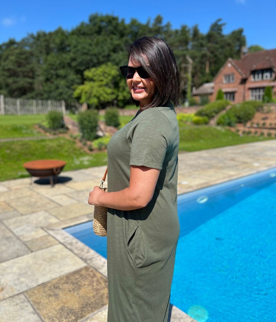 Khaki Cotton Midaxi T Shirt Dress