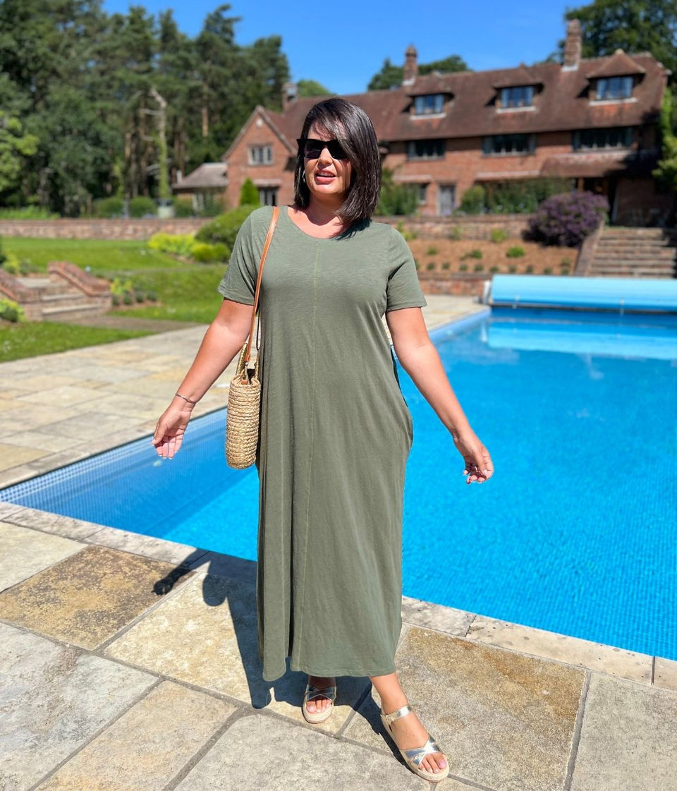 Khaki Cotton Midaxi T Shirt Dress