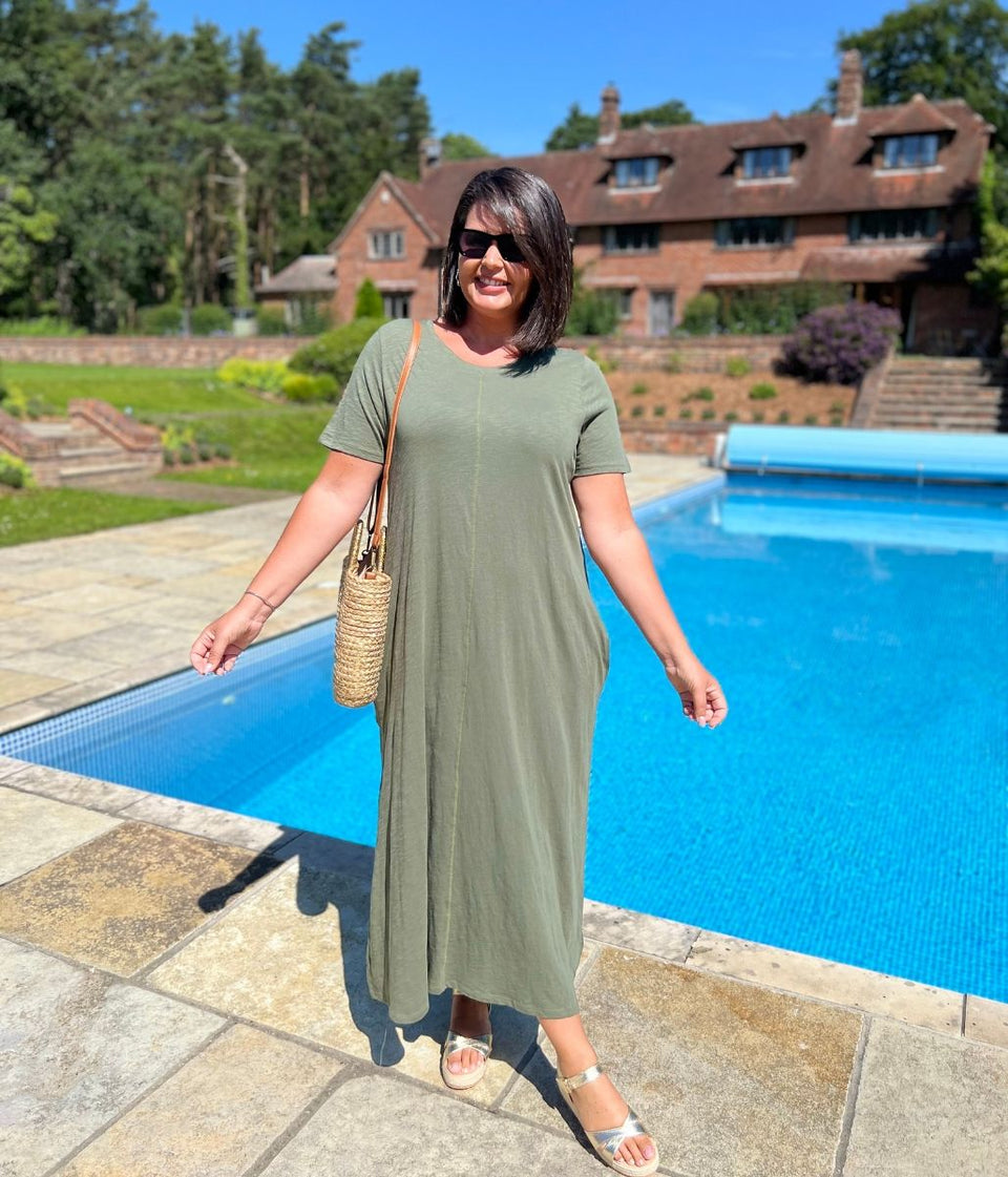 Khaki Cotton Midaxi T Shirt Dress