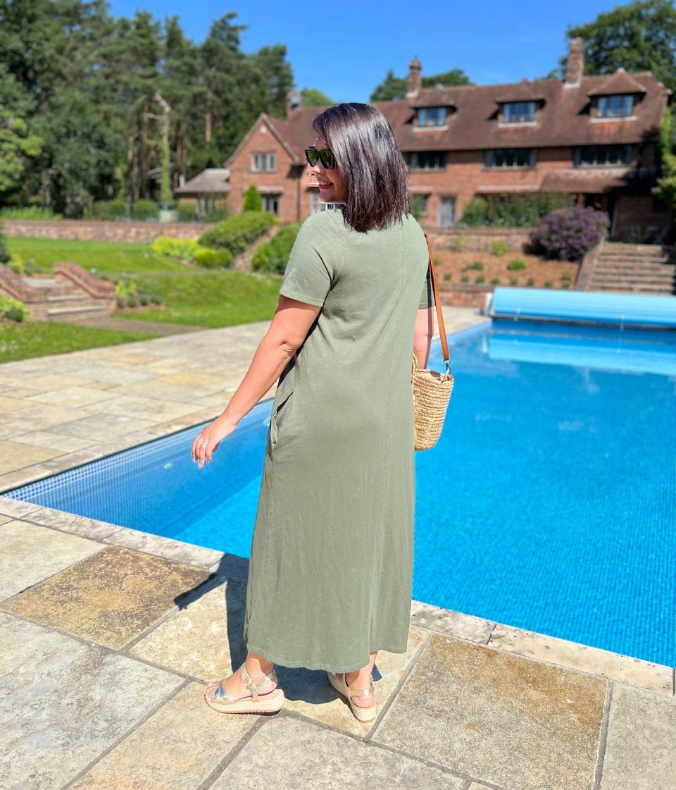 Khaki Cotton Midaxi T Shirt Dress
