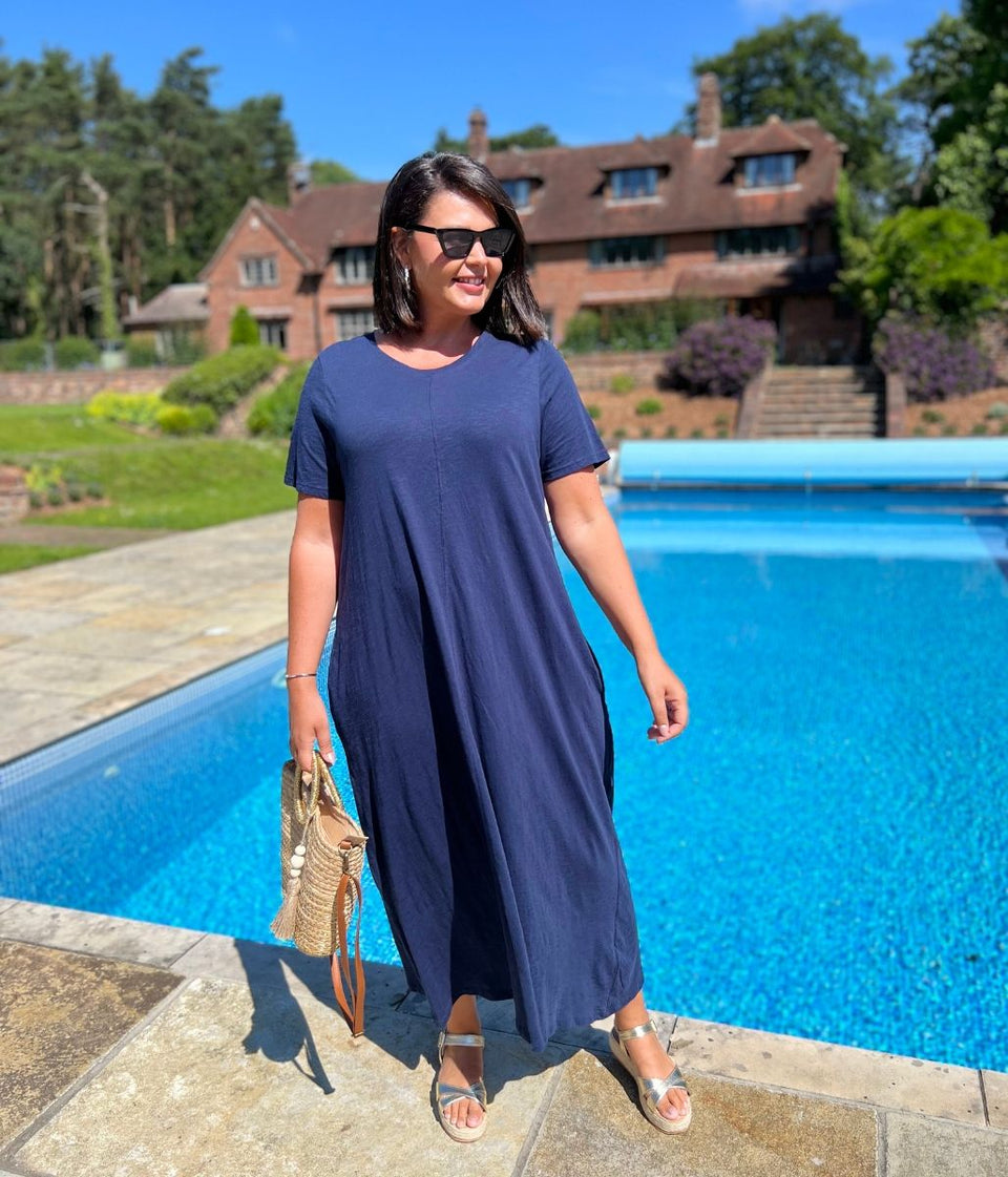 Navy Cotton Midaxi T Shirt Dress