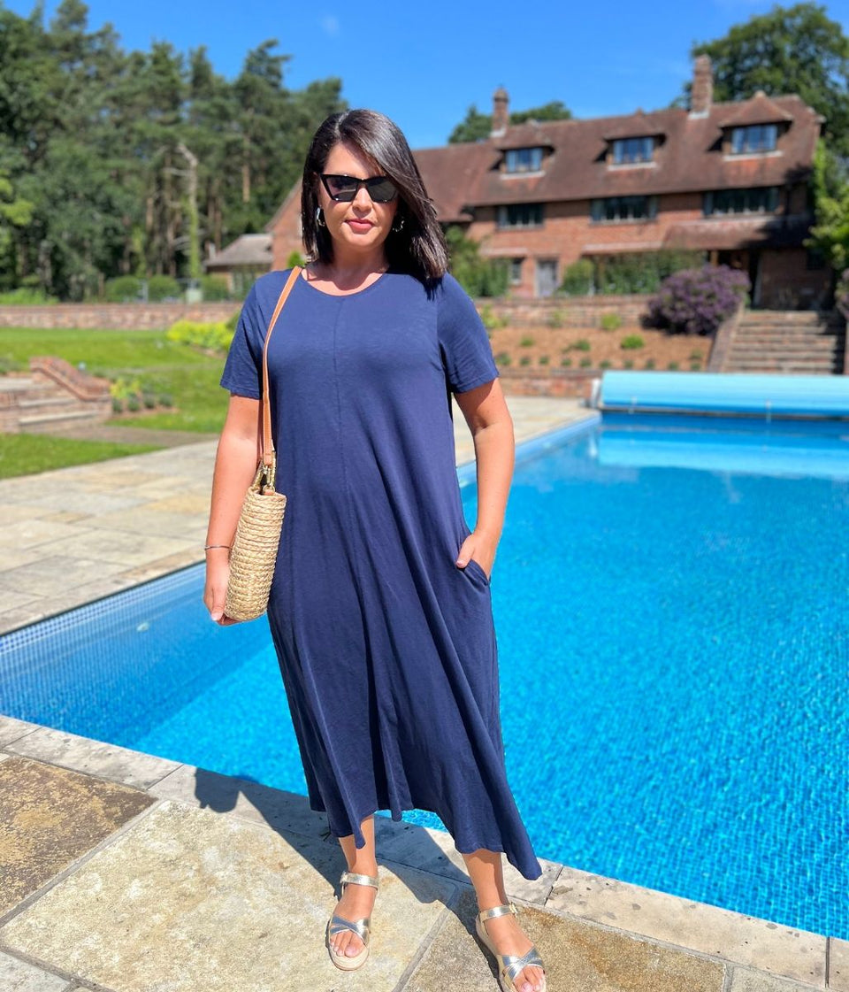 Navy Cotton Midaxi T Shirt Dress
