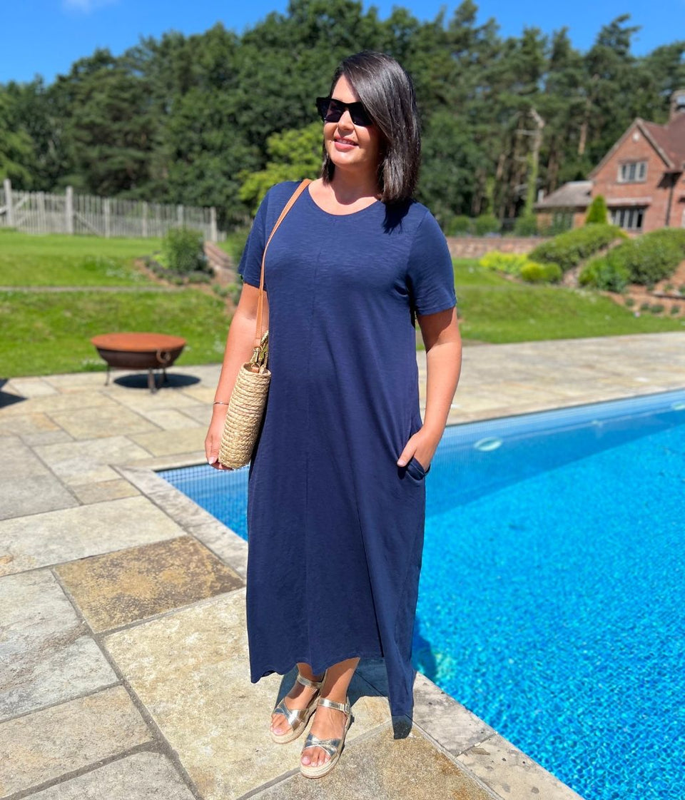 Navy Cotton Midaxi T Shirt Dress