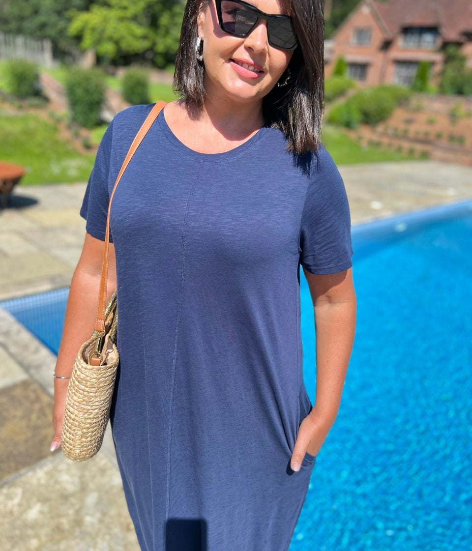 Navy Cotton Midaxi T Shirt Dress