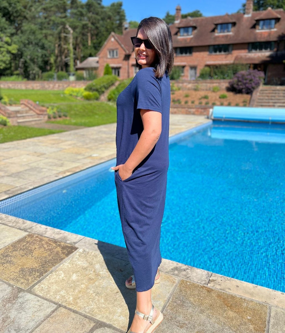Navy Cotton Midaxi T Shirt Dress