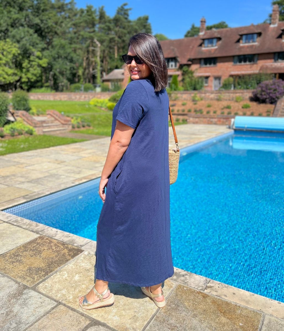 Navy Cotton Midaxi T Shirt Dress