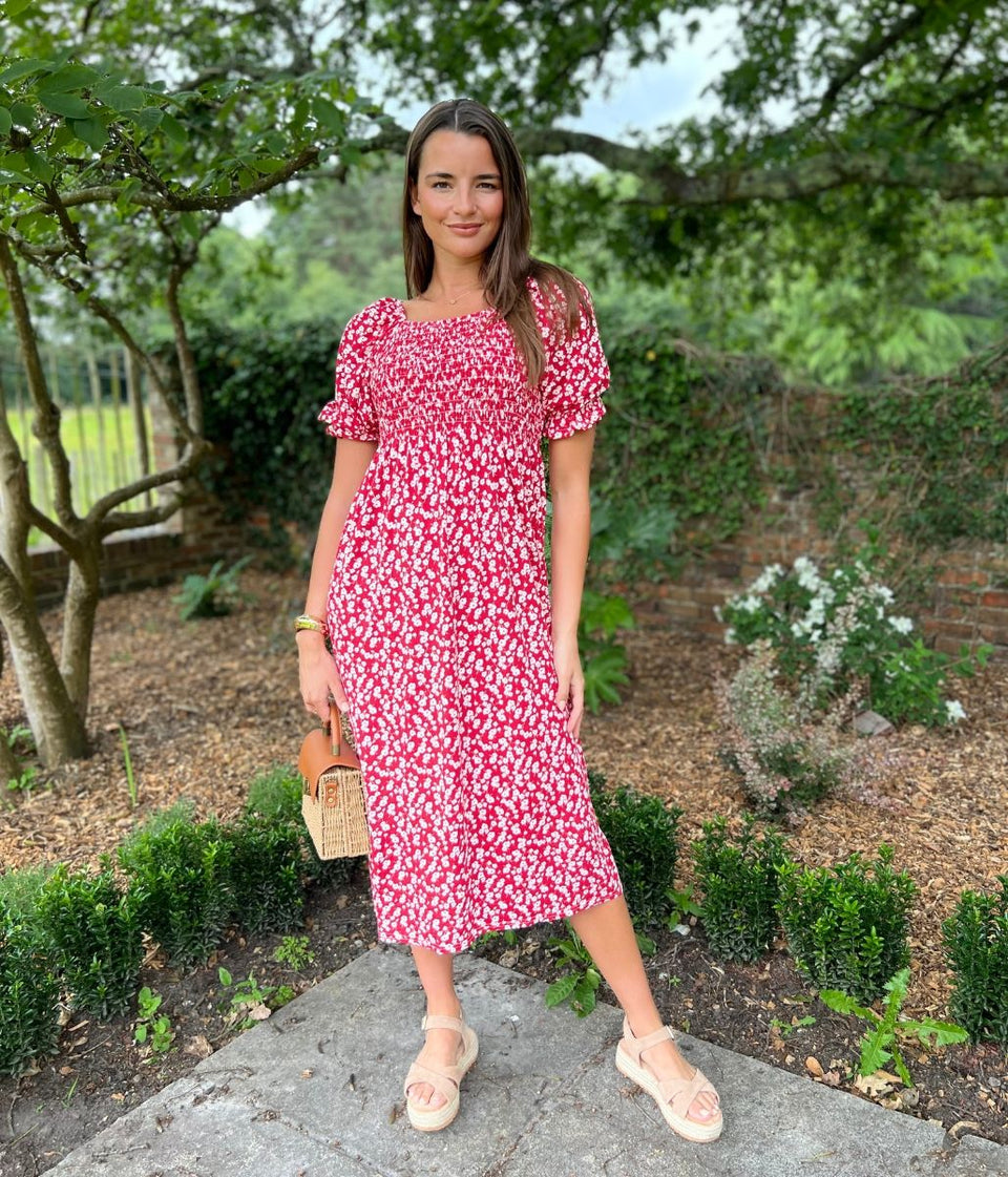 Red Ditsy Print Eliza Dress