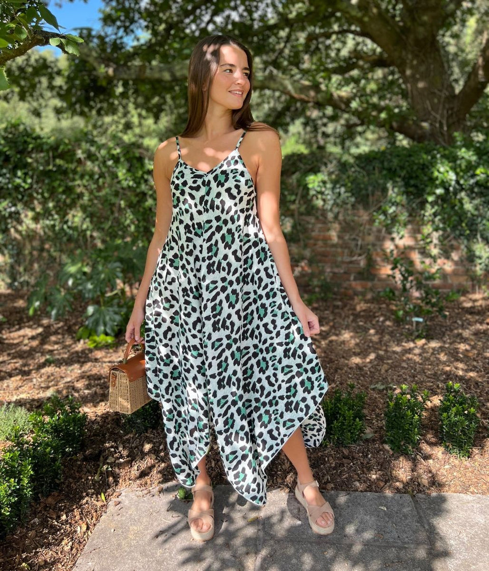 Green Animal Print Hanky Hem Cami Dress
