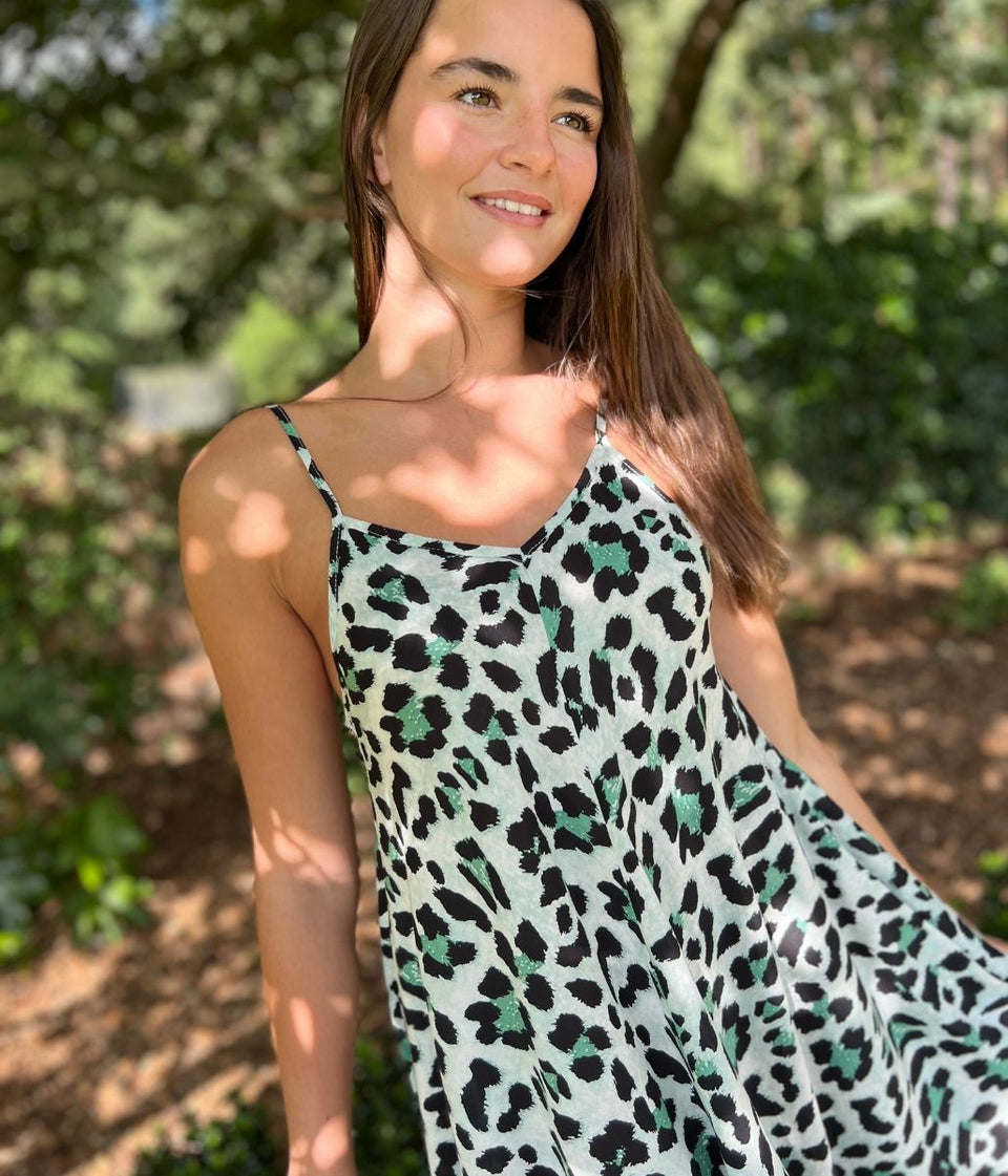 Green Animal Print Hanky Hem Cami Dress