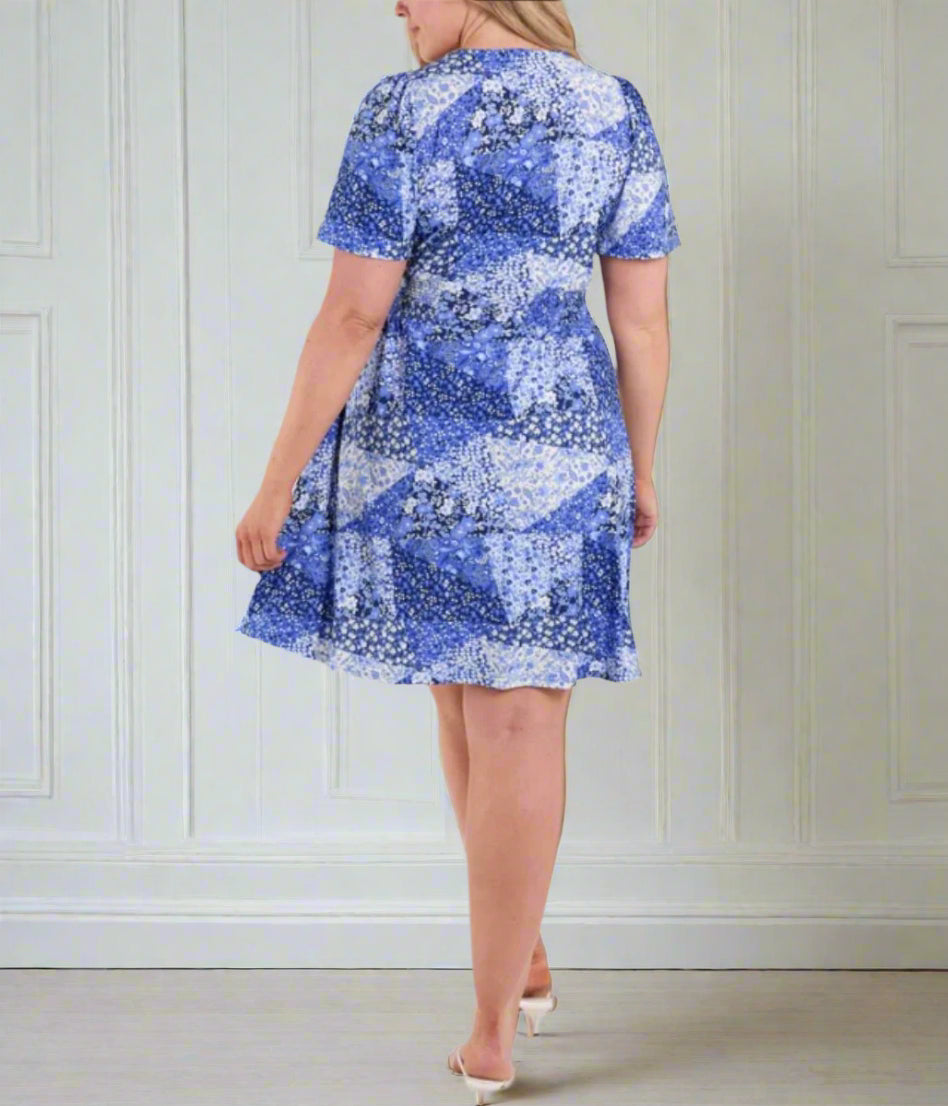 Blue Patchwork Floral Shirred Dress