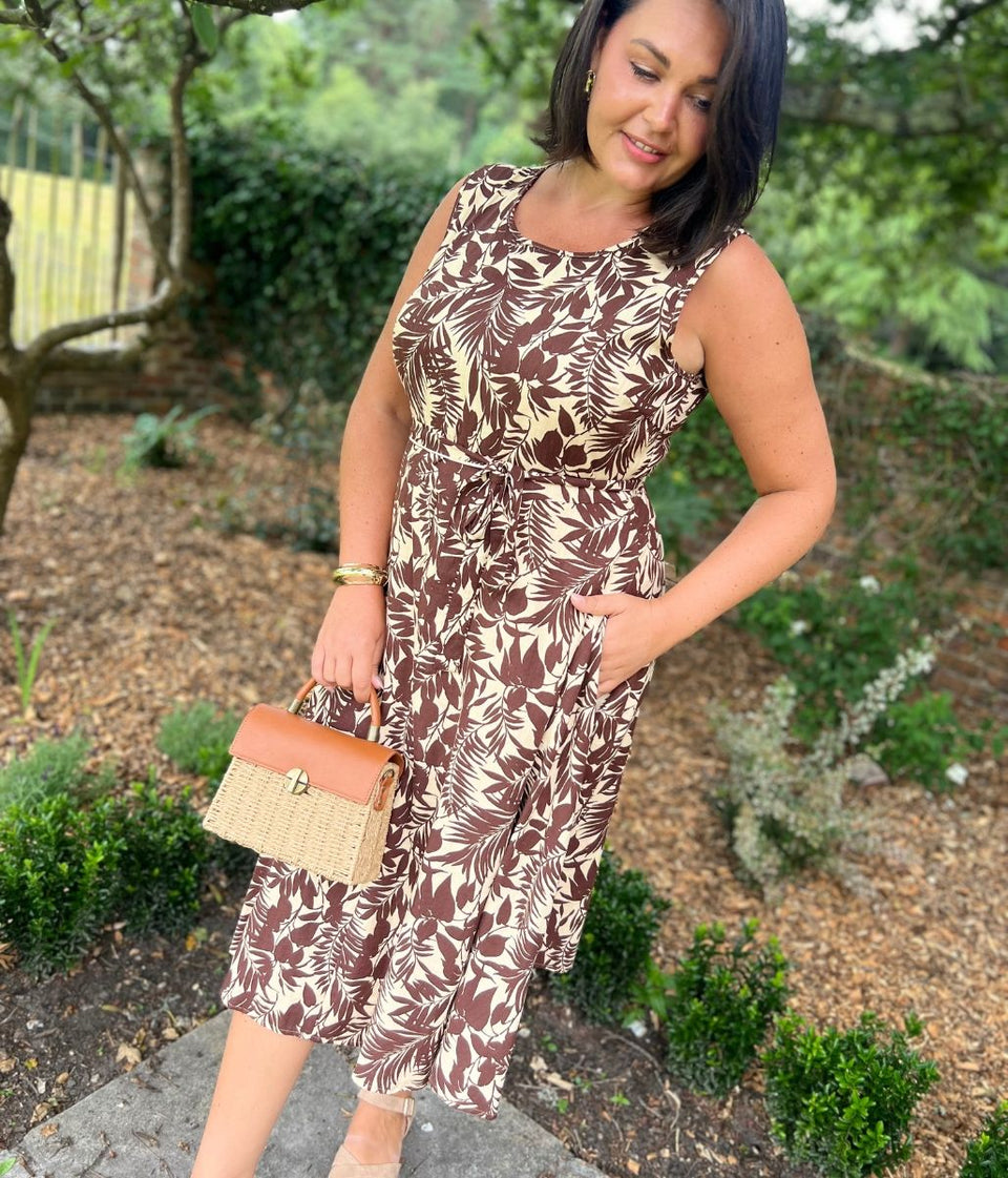 Caramel Printed Linen Blend Dress