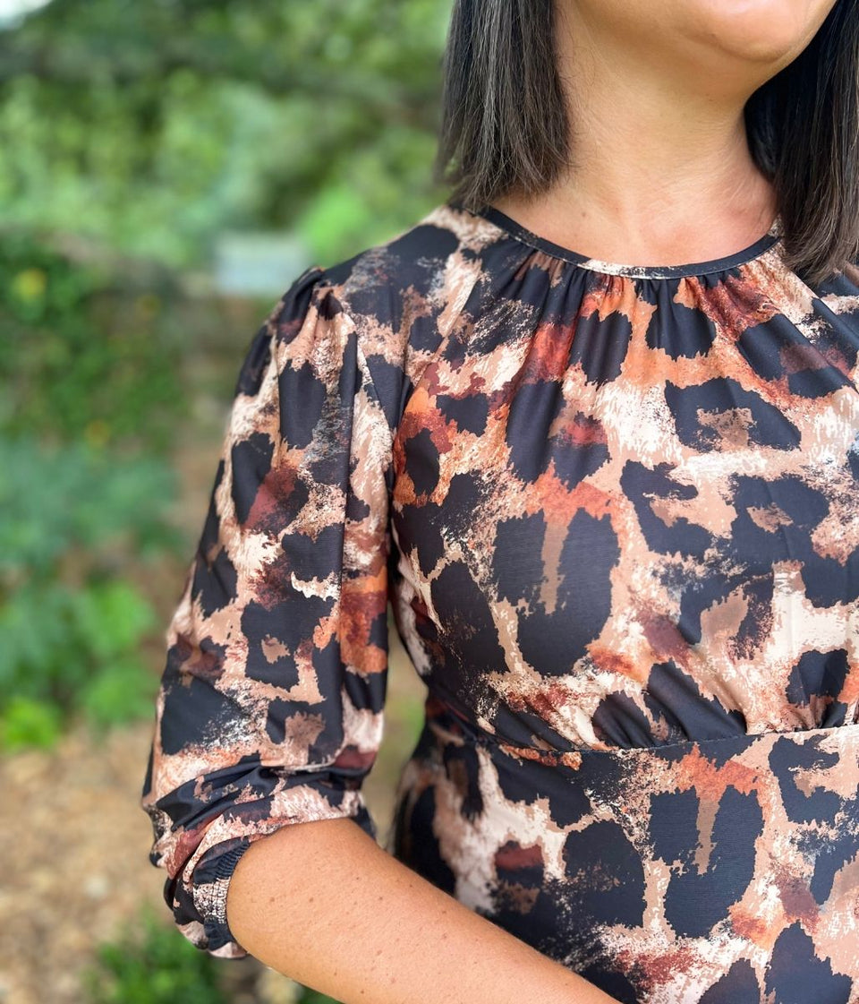 Leopard Print Gathered Stretch Midi Dress