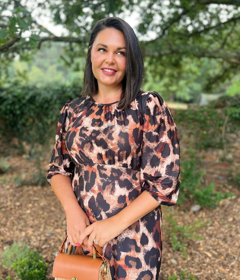 Leopard Print Gathered Stretch Midi Dress
