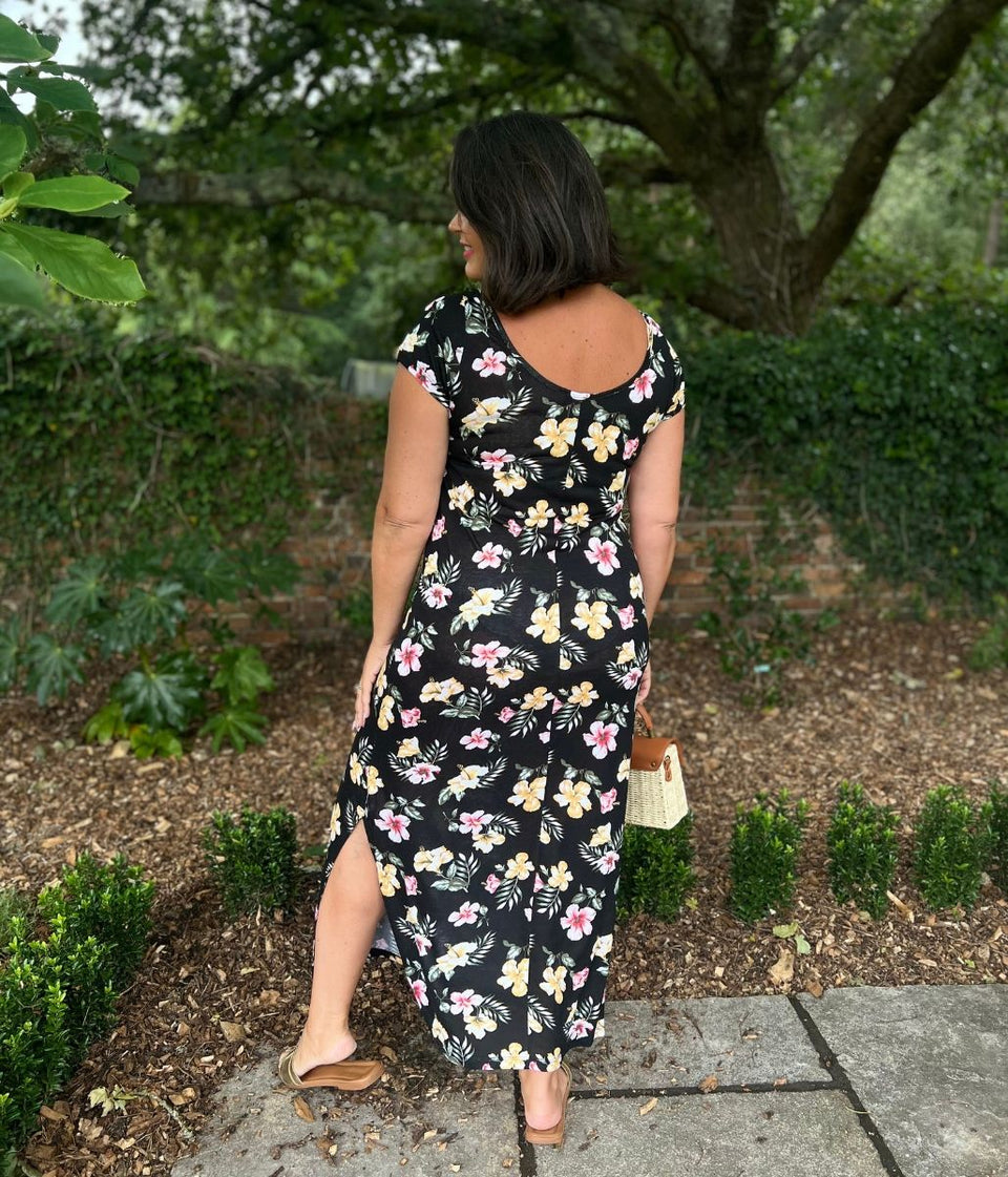 Black Floral Print Midi Dress