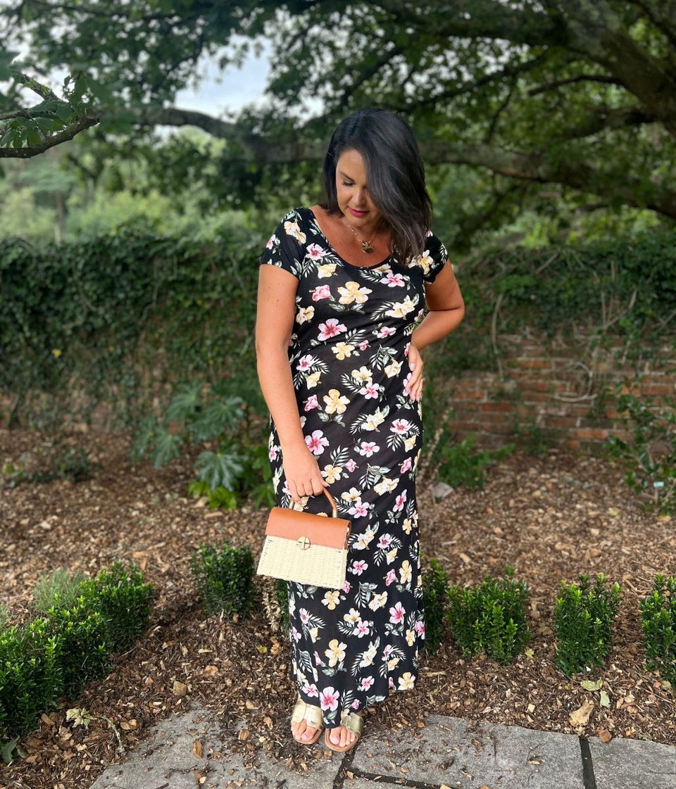 Black Floral Print Midi Dress
