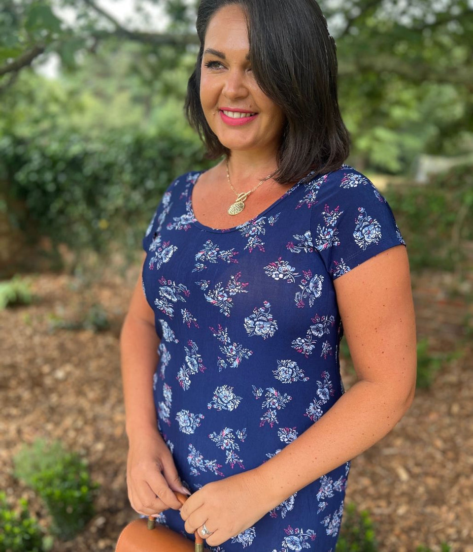 Navy Floral Print Midi Dress